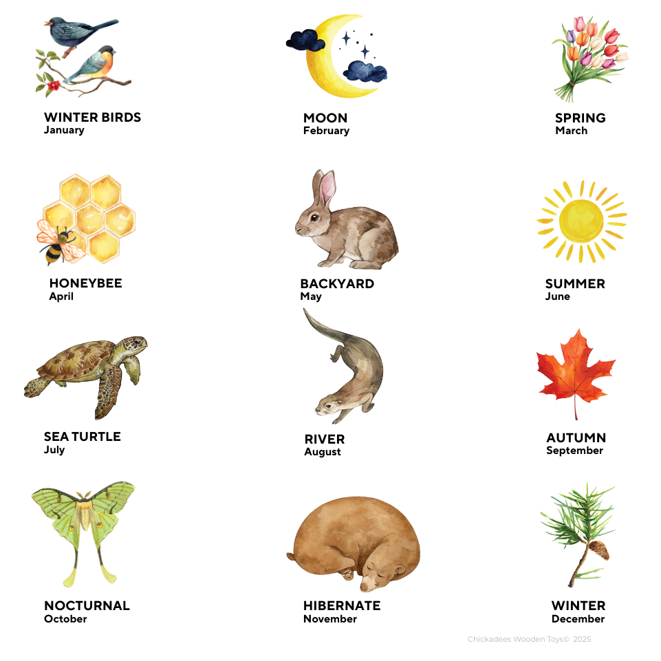 Calendar with seasonal symbols and animals for each month, titled 'Playful Minds 2026'.