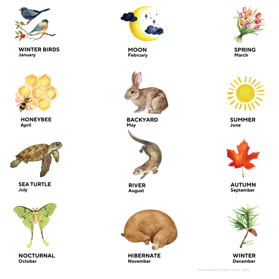 Calendar with seasonal symbols and animals for each month, titled 'Playful Minds 2026'.