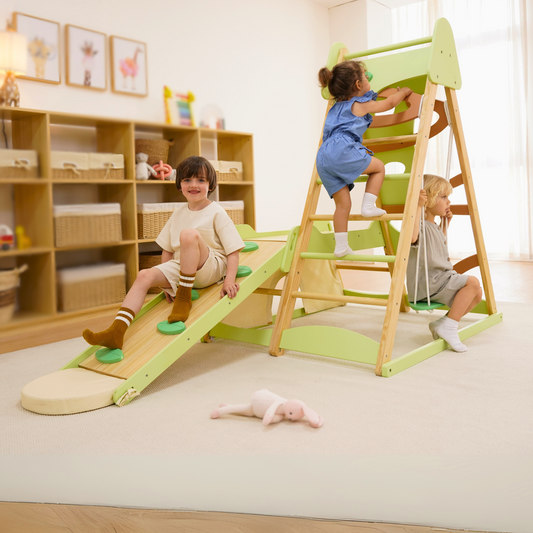 Avenlur Bush 6-in-1 Indoor Wooden Jungle Gym Climber – Montessori Toddler Playset with Slide, Rock Wall, Ladder & More - Chickadees Wooden Toys