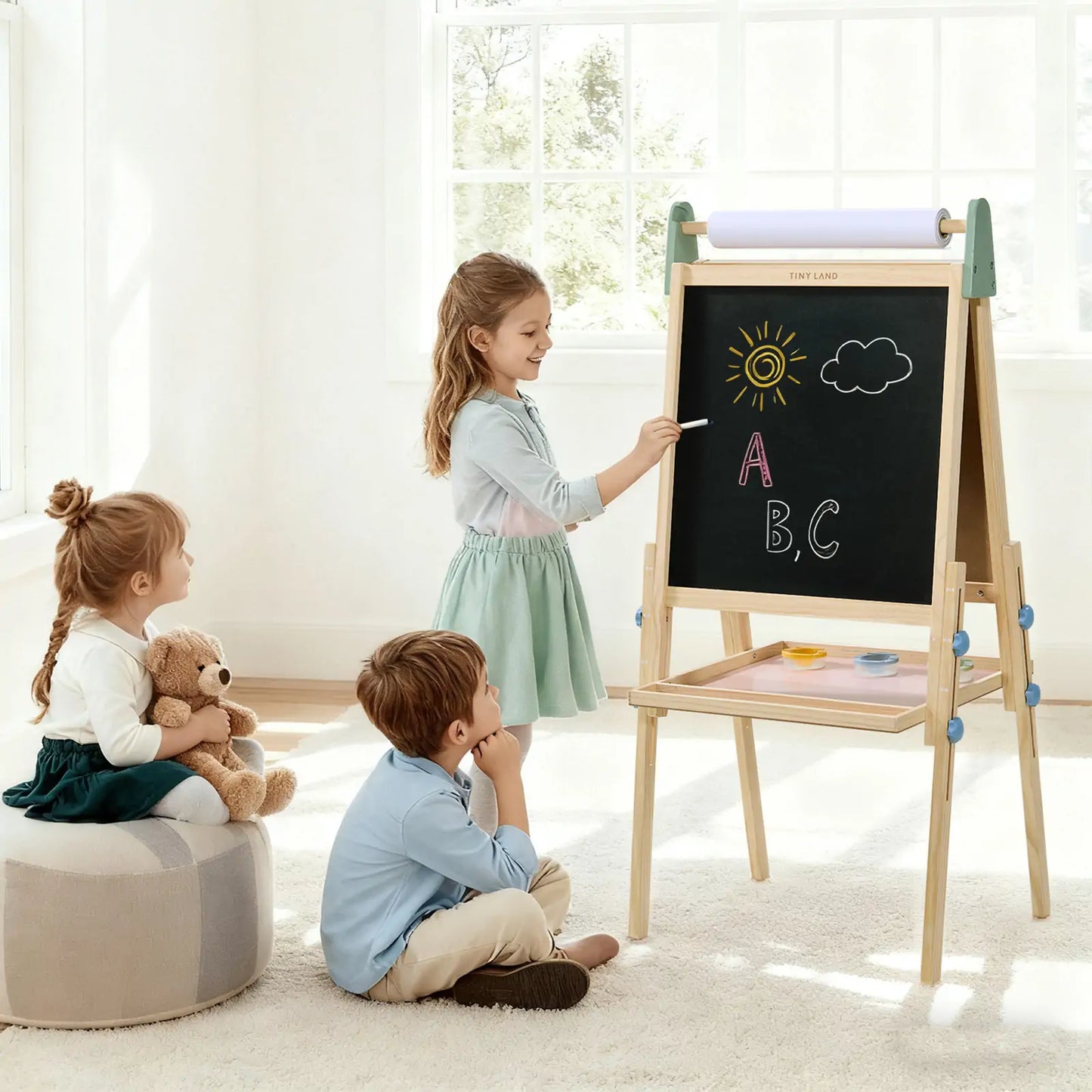 Tiny Land® 3-in-1 Art Easel for Kids - Morandi - Chickadees Wooden Toys
