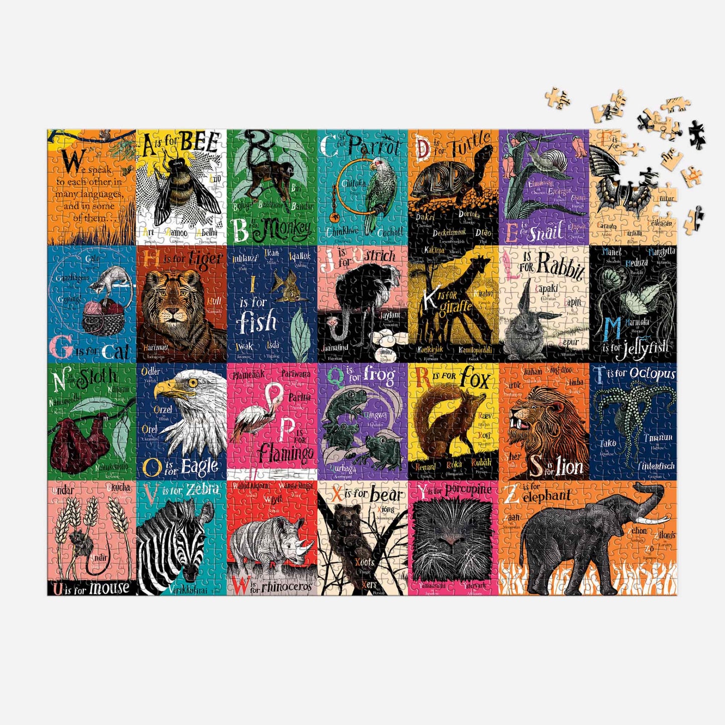 A is for Bee - An Alphabet in Translation 1000 Piece Jigsaw Puzzle Mudpuppy New