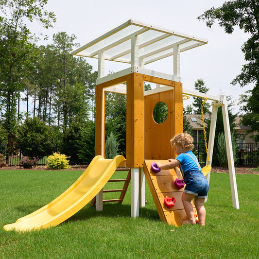 Forest Small Outdoor Toddler Swing Set | Compact Wooden Swing Frame for Babies & Kids - Chickadees Wooden Toys