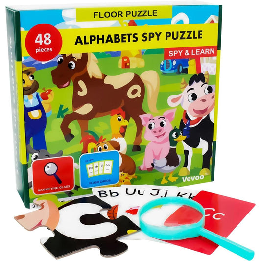 Alphabets Spy 48 Piece Floor Jigsaw Puzzle with Flashcards & Magnifying Glass - Chickadees Wooden Toys