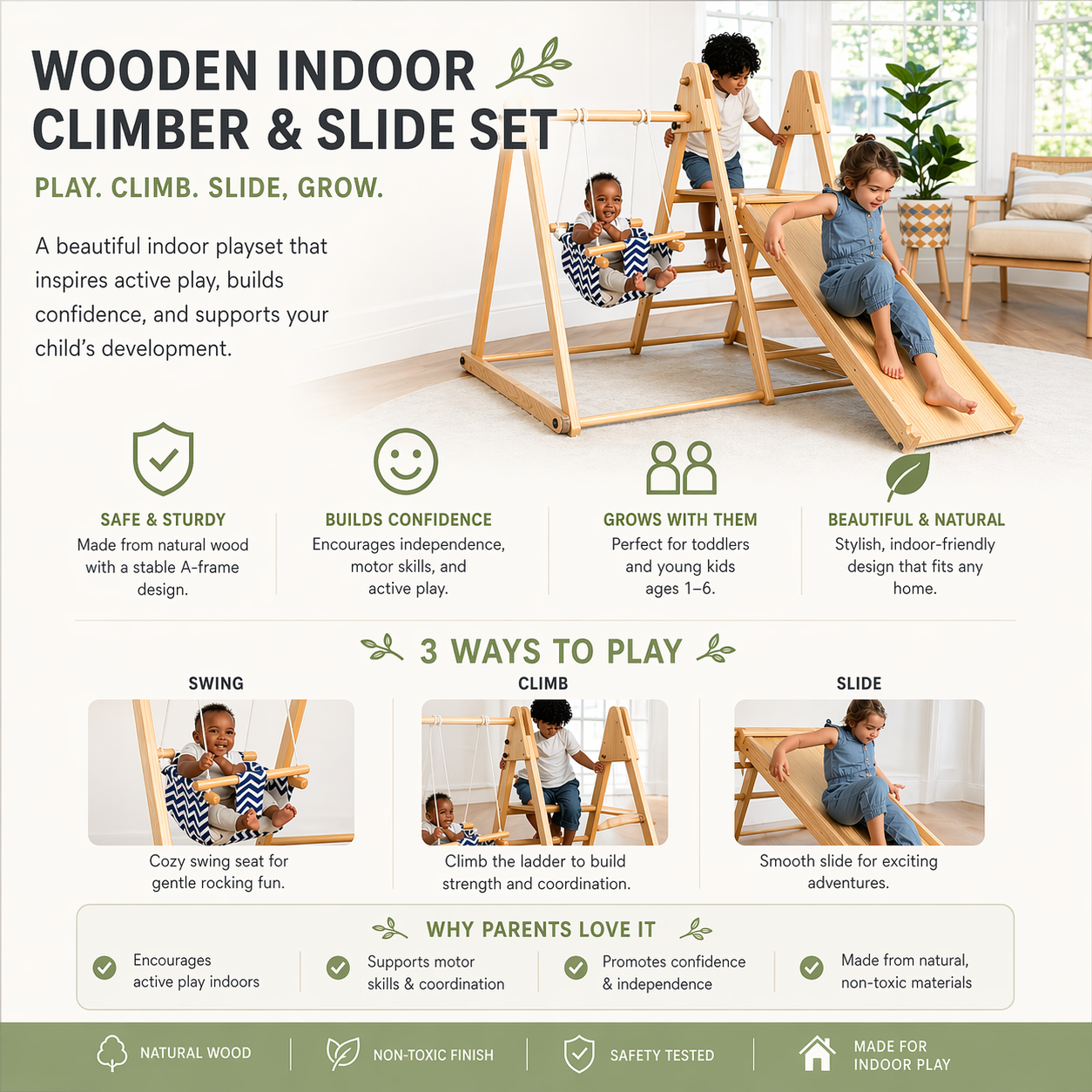 Juniper | Toddler Climber & Swing | Foldable - Chickadees Wooden Toys