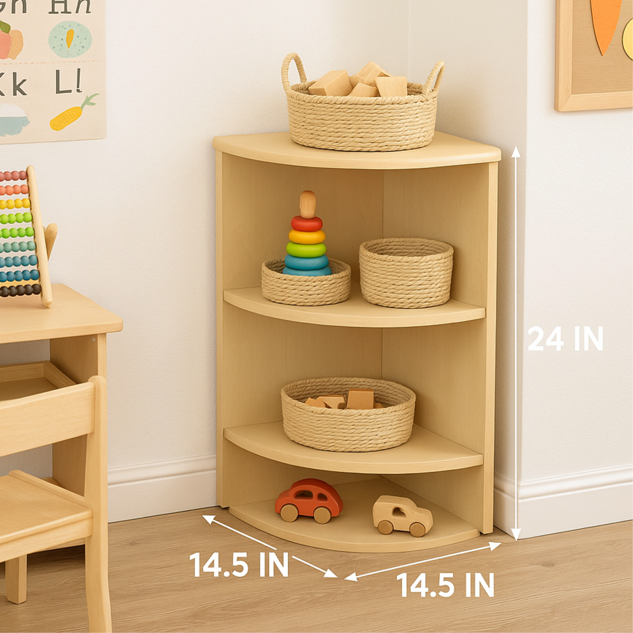 Montessori Classroom Corner Shelf - 24" Tall - Chickadees Wooden Toys