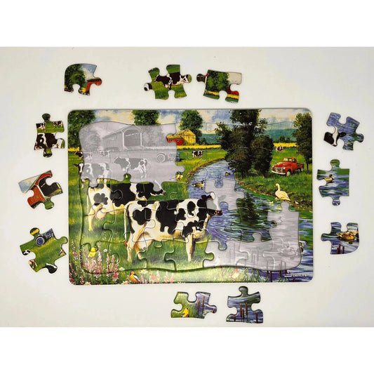 Cow Stream 35 Piece Tray Jigsaw Puzzle Cobble Hill - Chickadees Wooden Toys