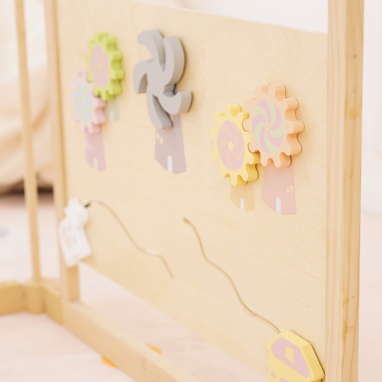 Wooden Baby Playpen with Sensory Activity Panels – 63" x 63" Square, Foldable Indoor Play Yard with Montessori Toys