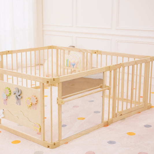 Wooden Baby Playpen with Mirror & Whiteboard Panel – Foldable 63" x 63" Montessori Sensory Play Yard - Chickadees Wooden Toys