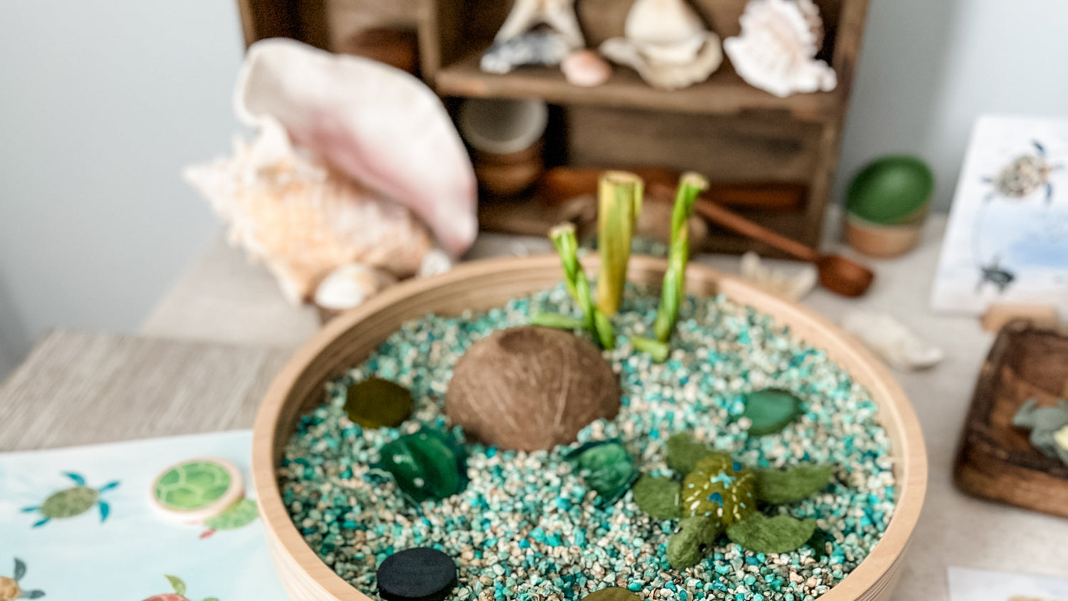 A round wooden tray filled with small green and blue pebbles, decorative seashells, a coconut shell, and small green plant pieces, styled on a tabletop with seashell props and printed cards in a beach-themed setting.