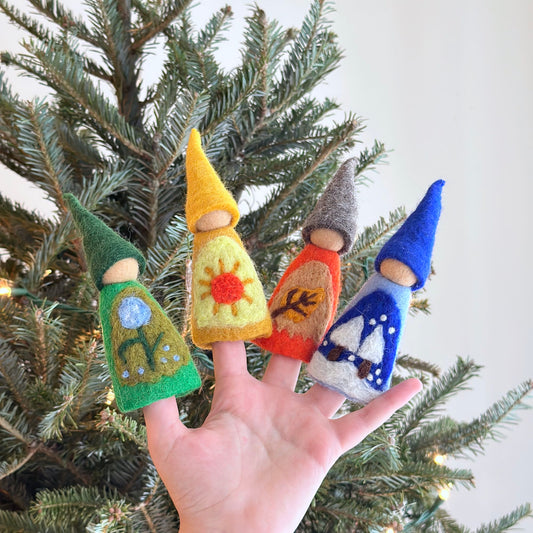 Felt Finger Puppets Set of 4 - Four Seasons Gnomes - Chickadees Wooden Toys