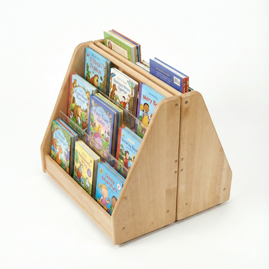 Wooden Classroom Bookshelf – Double Pack 3 Tier Front-Facing Display | 22.4" H x 25" W x 22" D - Chickadees Wooden Toys