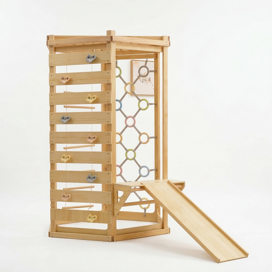 Hawthorn Indoor Playground | 93" Montessori Climbing Gym with Slide & Rope Net - Chickadees Wooden Toys