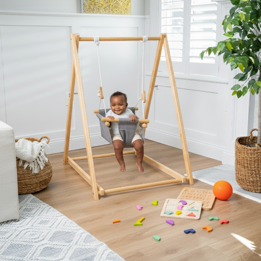 Spruce | Foldable Baby Swing - Gray - Chickadees Wooden Toys