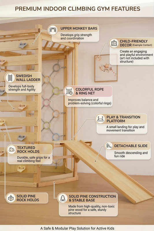Hawthorn Indoor Playground | 93" Montessori Climbing Gym with Slide & Rope Net - Chickadees Wooden Toys