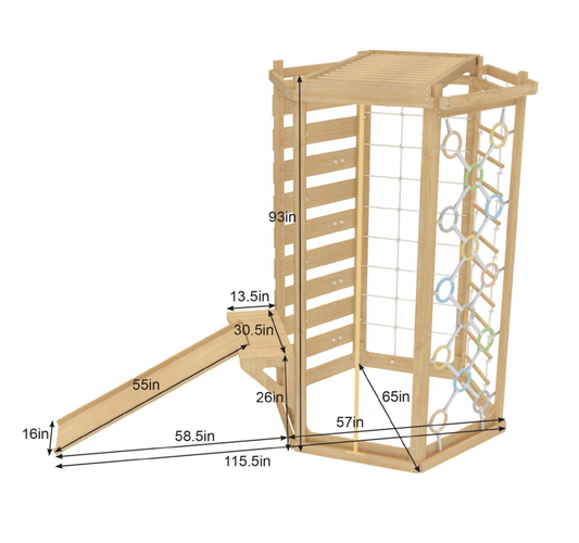 Hawthorn Indoor Playground | 93" Montessori Climbing Gym with Slide & Rope Net - Chickadees Wooden Toys