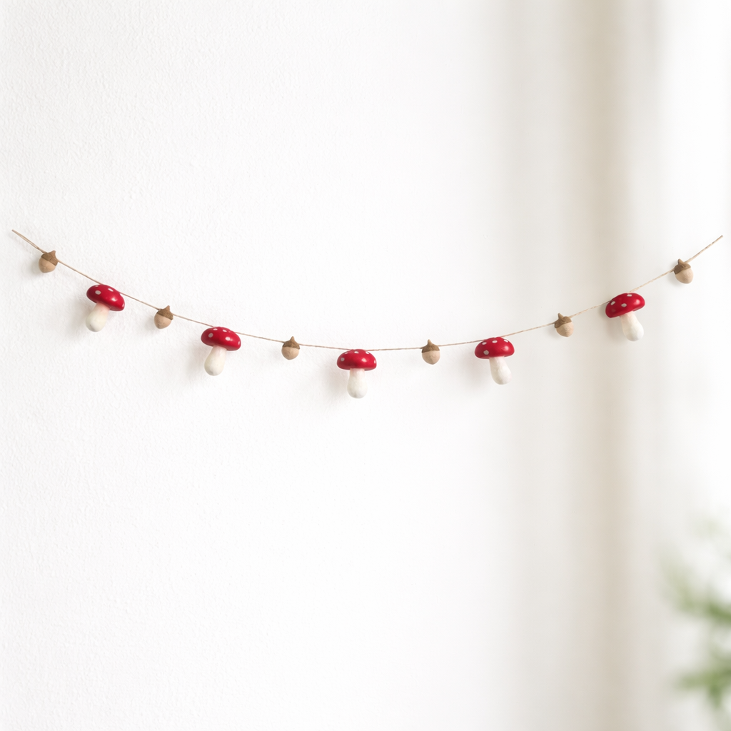 Felt Mushroom and Acorn Garland - Chickadees Wooden Toys