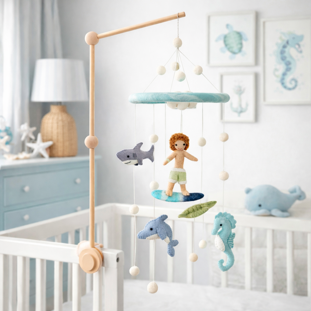 Baby Mobile - Surfer Boy & Ocean Creatures - Chickadees Wooden Toys