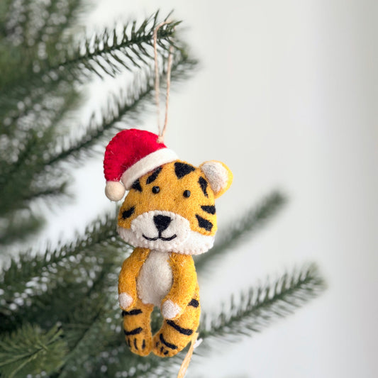 Felt Tiger with Christmas Hat Ornament - Chickadees Wooden Toys