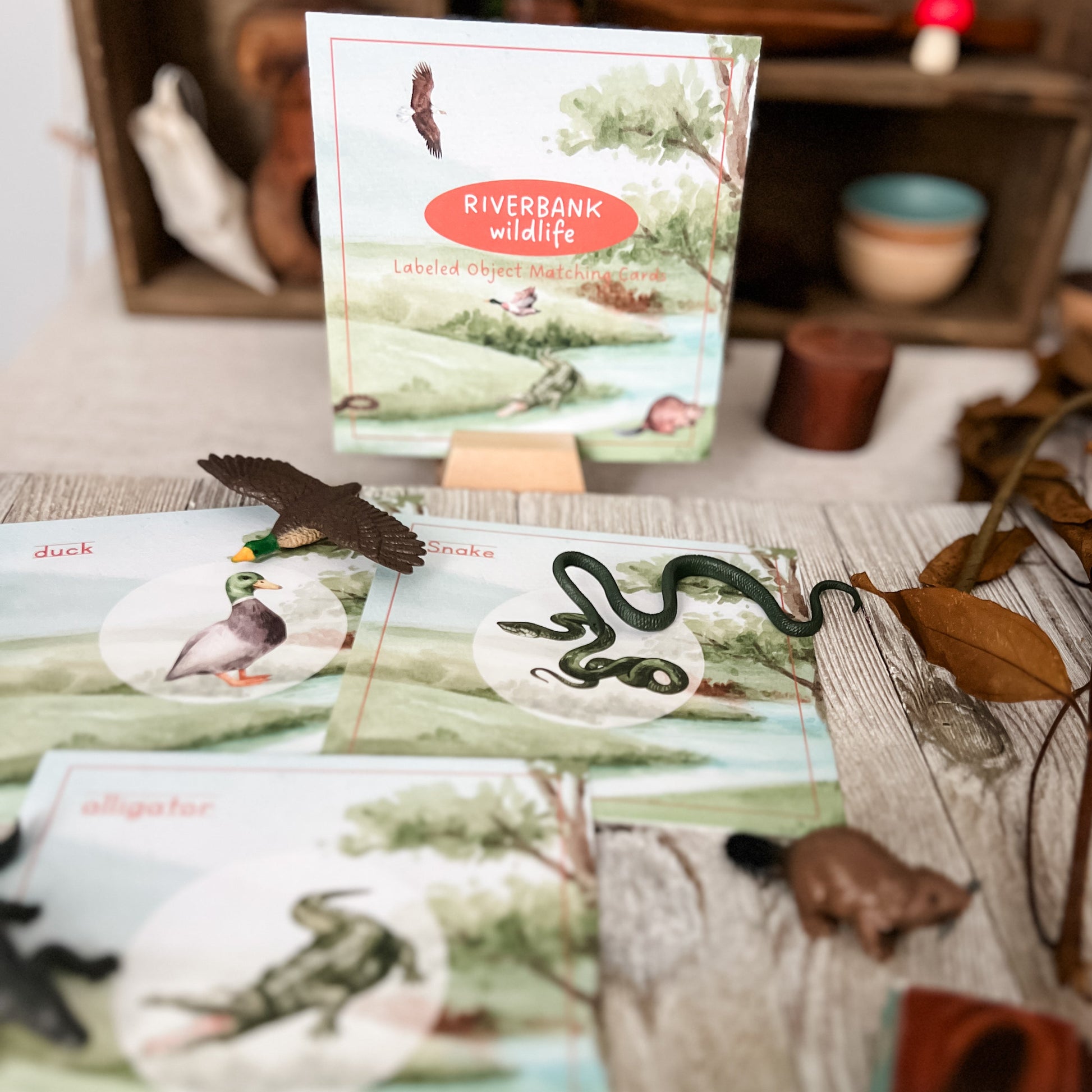 Wildlife educational cards titled 'Riverbank Wildlife' displayed on a rustic wooden table with small animal figurines and natural props in the background.