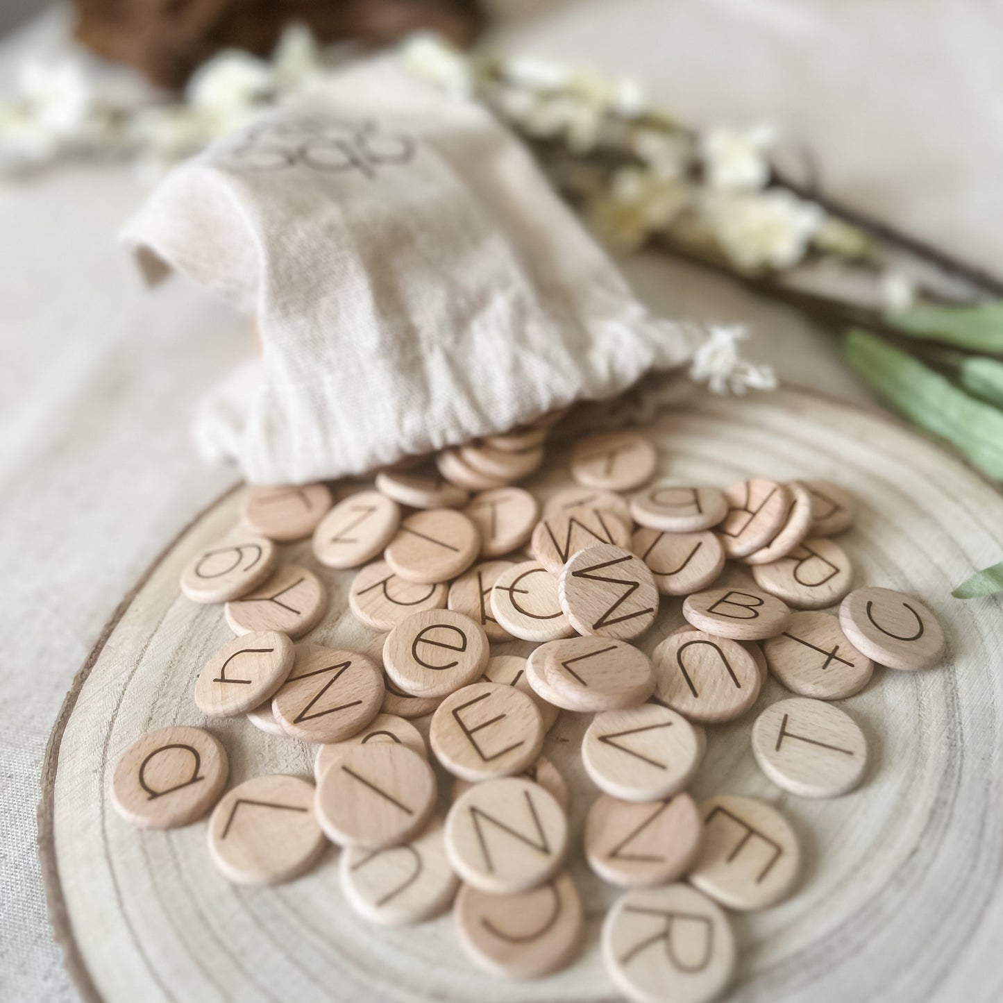 Alphabet Discs (Set of 100 Mini 1"): Double Sided Lowercase & Uppercase - Chickadees Wooden Toys