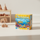 Children's floor puzzle box on a wooden surface with wooden toys in the background