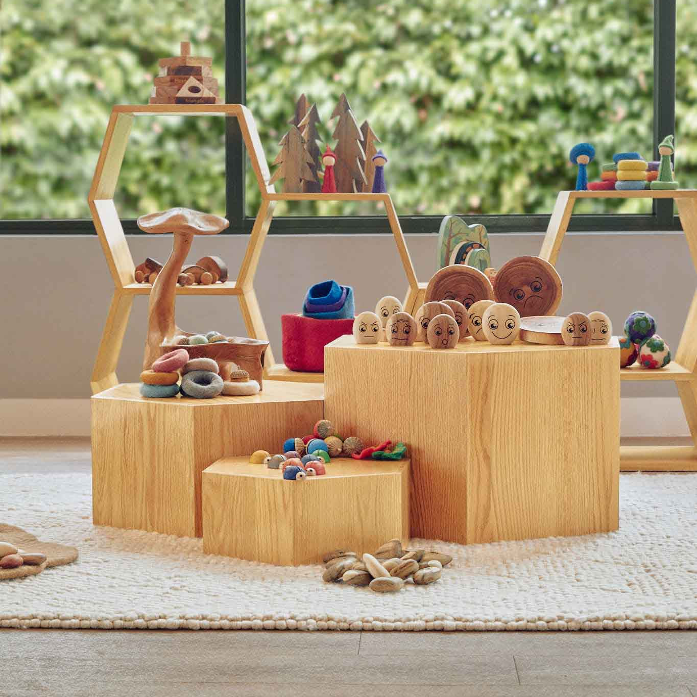 Hexagon Nesting Tables (Set of 3) | Solid European Oak - Chickadees Wooden Toys