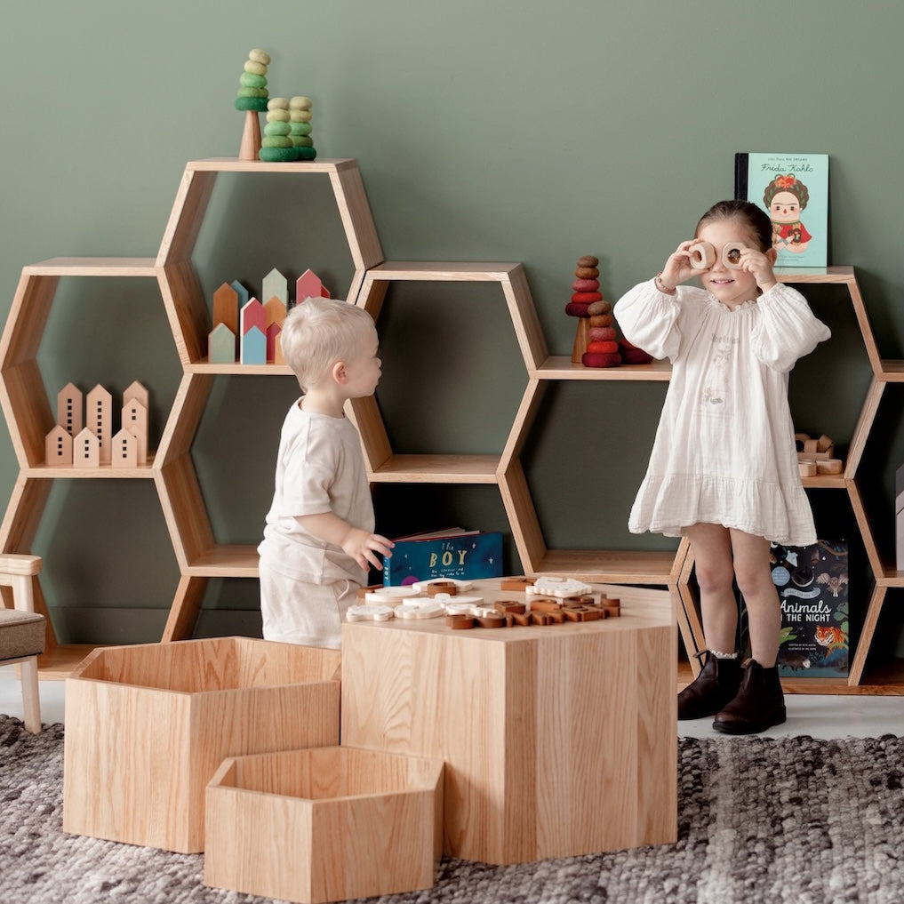 Hexagon Nesting Tables (Set of 3) | Solid European Oak - Chickadees Wooden Toys