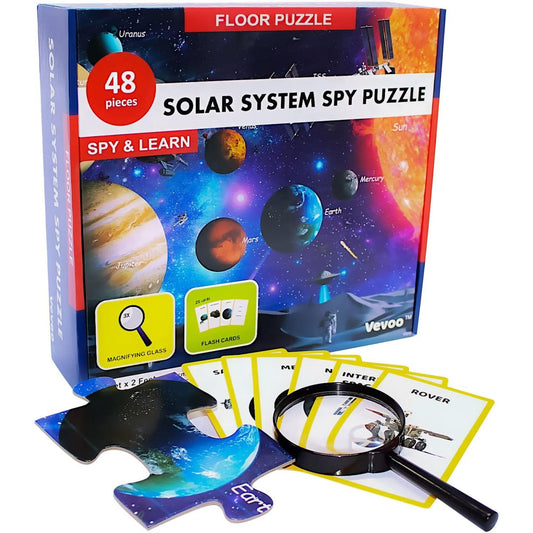 Solar System Spy 48 Piece Floor Jigsaw Puzzle with Flashcards & Magnifying Glass - Chickadees Wooden Toys