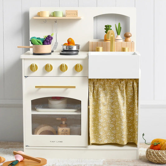 Tiny Land® Wooden Play Kitchen for Toddlers - Honey Kitchenette Pretend Cooking Set - Chickadees Wooden Toys