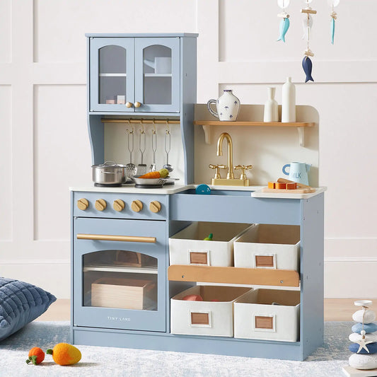Tiny Land® Pretend Play Kitchen for Kids - Serenity Wooden Kitchen – Blue - Chickadees Wooden Toys
