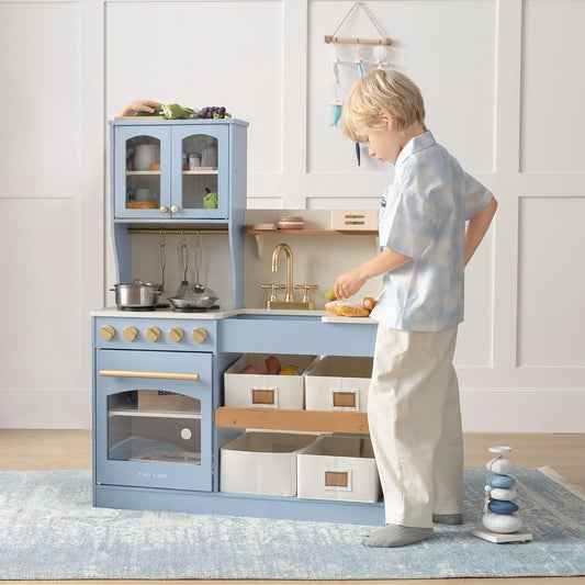 Tiny Land® Pretend Play Kitchen for Kids - Serenity Wooden Kitchen – Blue - Chickadees Wooden Toys