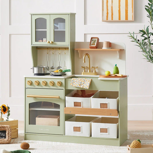 Tiny Land® Pretend Play Kitchen for Toddlers - Serenity Wooden Kitchen – Green - Chickadees Wooden Toys