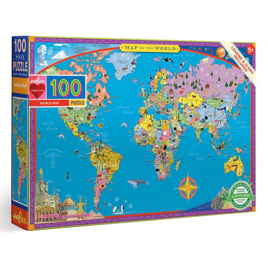 World Map 100 Piece Jigsaw Puzzle eeBoo - Chickadees Wooden Toys
