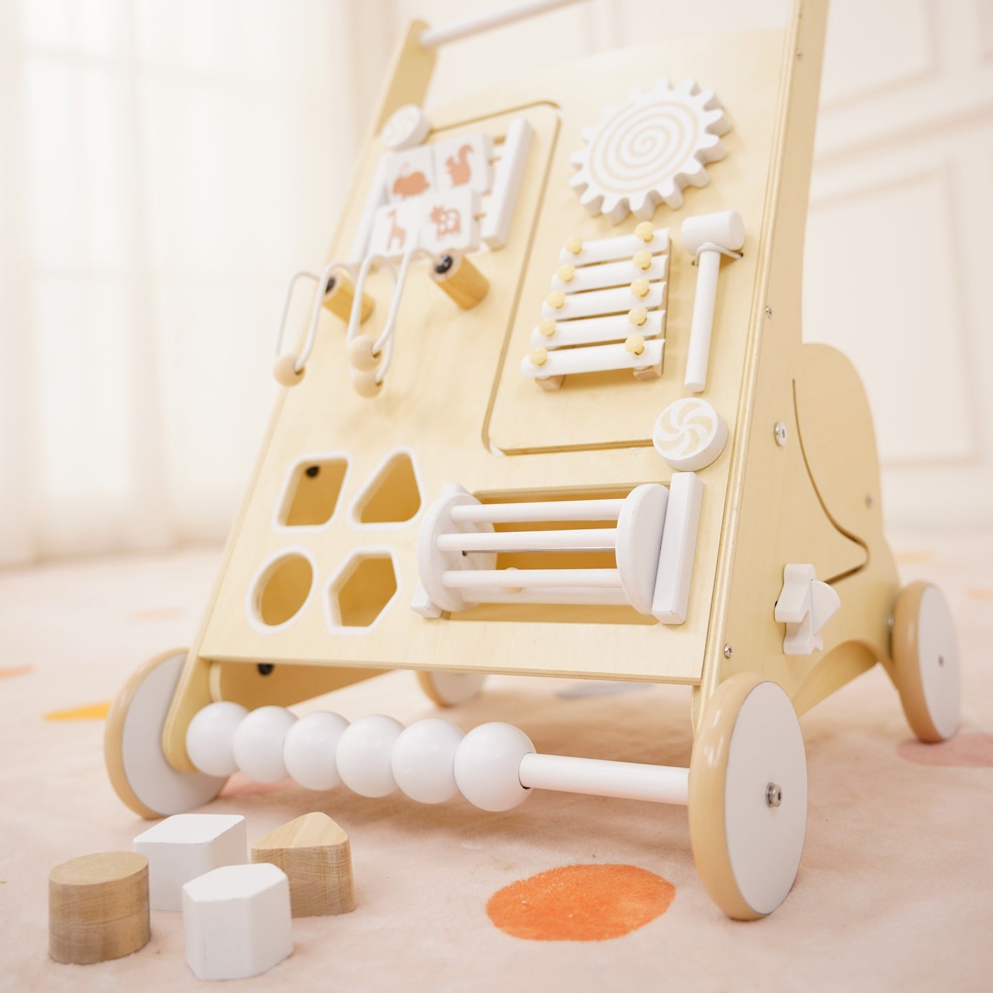 Wooden Baby Push Walker with Activity Panel | Montessori Walker for First Steps - Chickadees Wooden Toys