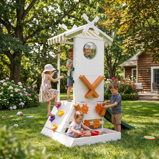 Aloe Wooden Outdoor Playhouse for Toddlers | Slide, Water Wheel Station, Steering Wheel & Sandbox