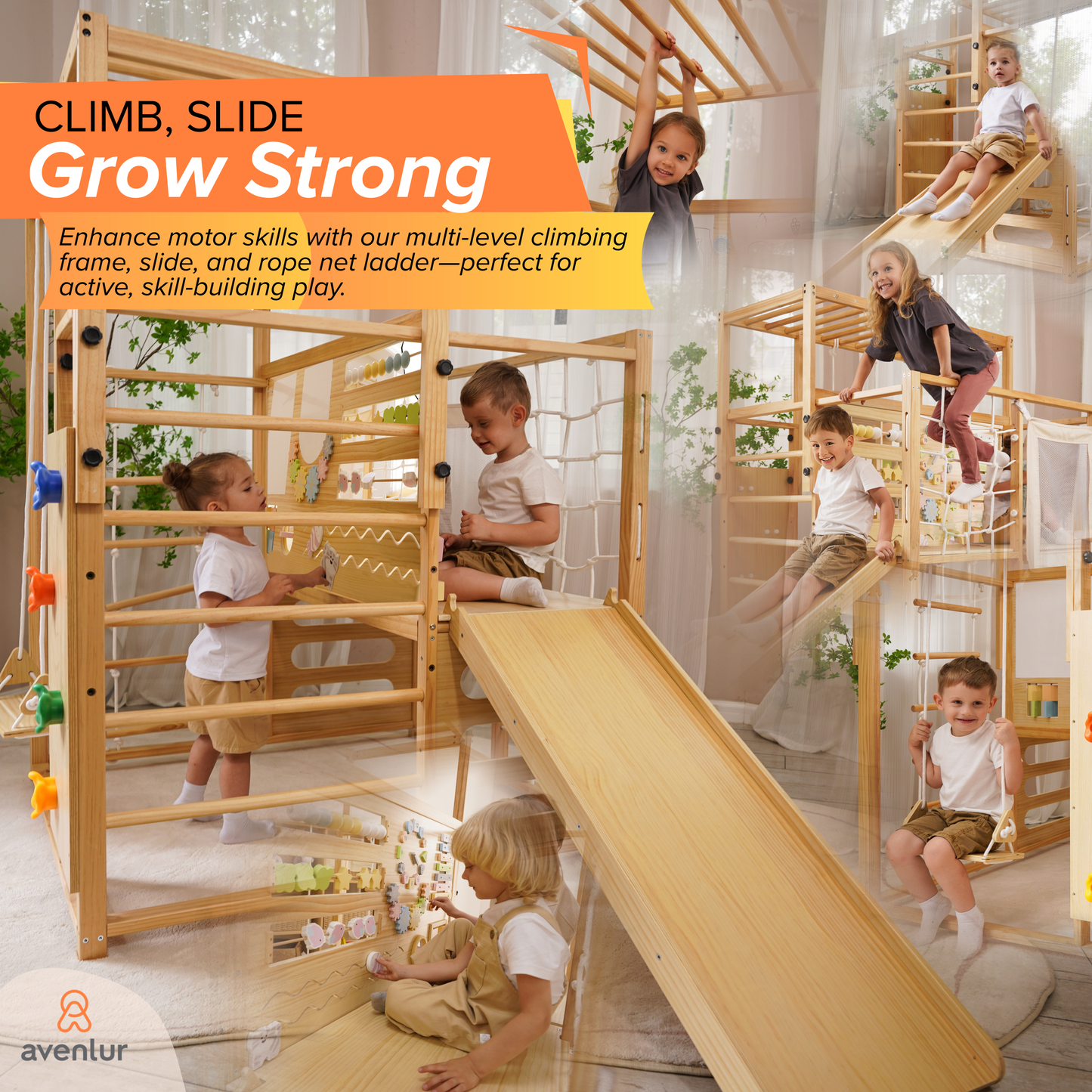Alpine | Adjustable Indoor Jungle Gym with Slide, Climbing Wall & Monkey Bars - Chickadees Wooden Toys