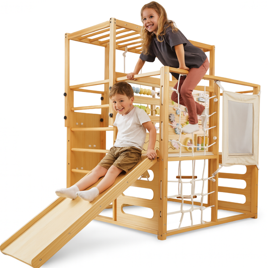 Alpine | Adjustable Indoor Jungle Gym with Slide, Climbing Wall & Monkey Bars - Chickadees Wooden Toys