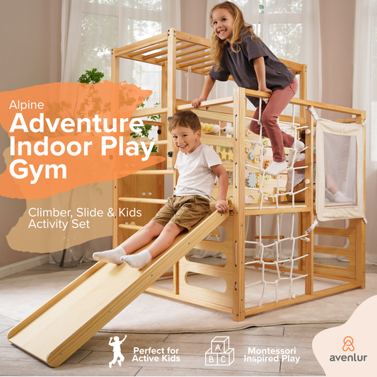 Alpine | Adjustable Indoor Jungle Gym with Slide, Climbing Wall & Monkey Bars - Chickadees Wooden Toys