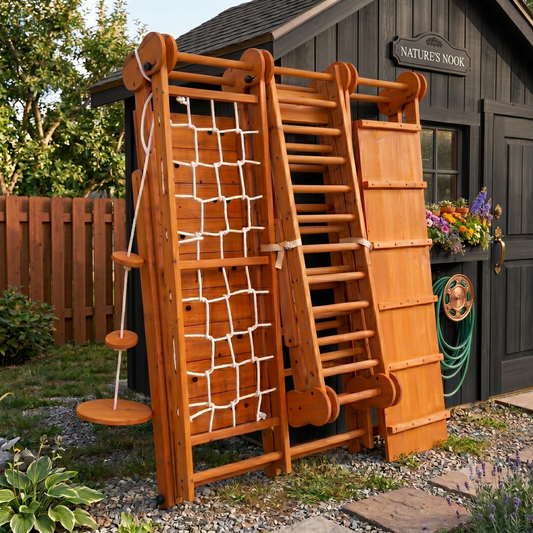 Chestnut | 8-in-1 Foldable Wooden Jungle Gym for Toddlers, Indoor or Outdoor