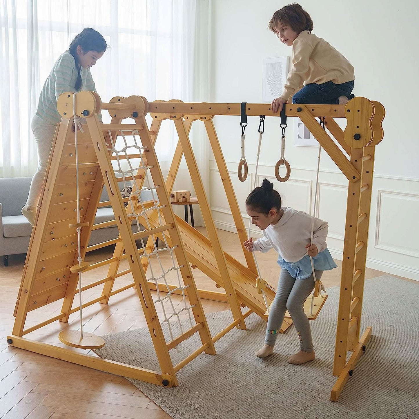 Chestnut | 8-in-1 Foldable Wooden Jungle Gym for Toddlers, Indoor or Outdoor
