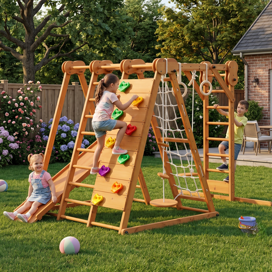 Chestnut | 8-in-1 Foldable Wooden Jungle Gym for Toddlers, Indoor or Outdoor