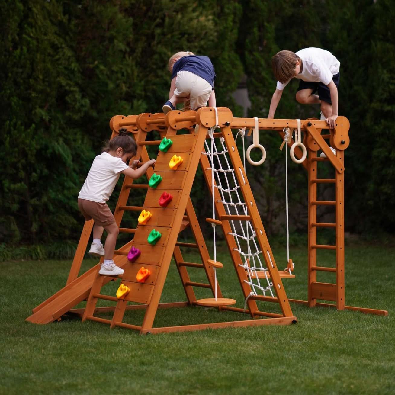 Chestnut | 8-in-1 Foldable Wooden Jungle Gym for Toddlers, Indoor or Outdoor