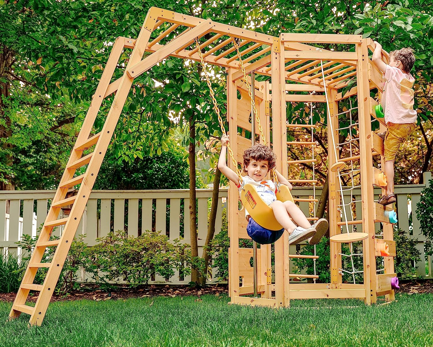 Hawthorn - Outdoor Climber with Monkey Bars, Swing, and Octagon Climber Playset - Chickadees Wooden Toys