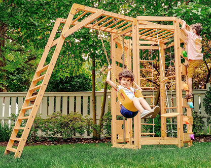 Hawthorn - Outdoor Climber with Monkey Bars, Swing, and Octagon Climber Playset - Chickadees Wooden Toys