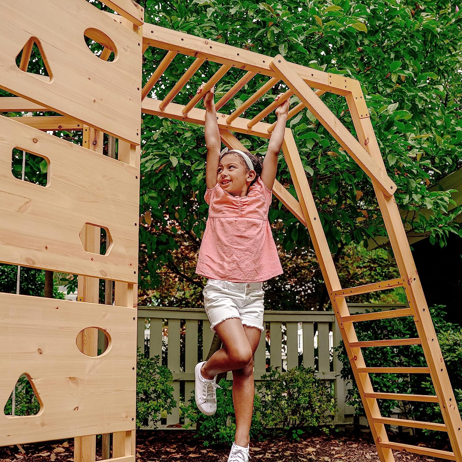 Hawthorn - Outdoor Climber with Monkey Bars, Swing, and Octagon Climber Playset - Chickadees Wooden Toys