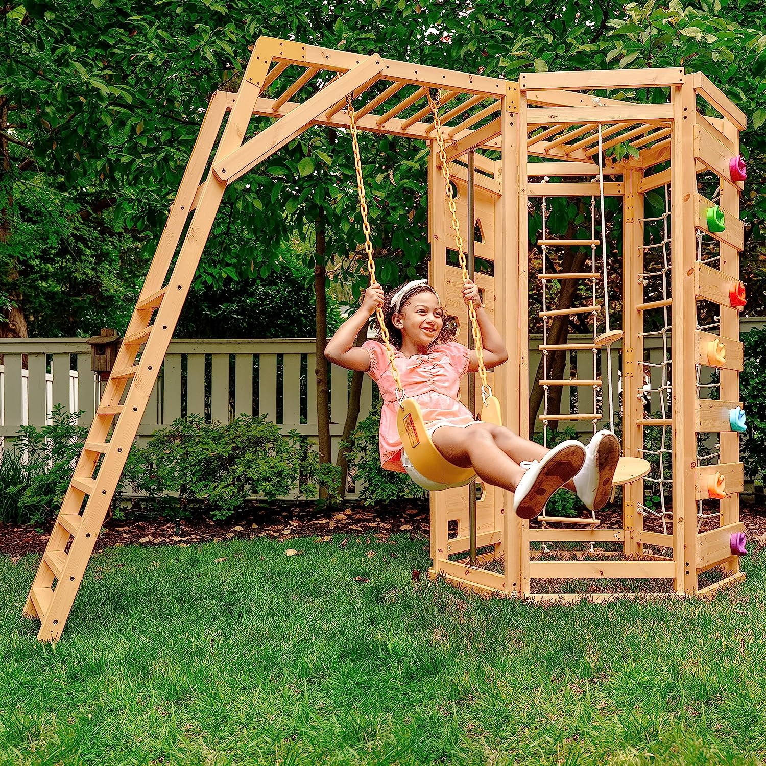 Hawthorn - Outdoor Climber with Monkey Bars, Swing, and Octagon Climber Playset - Chickadees Wooden Toys