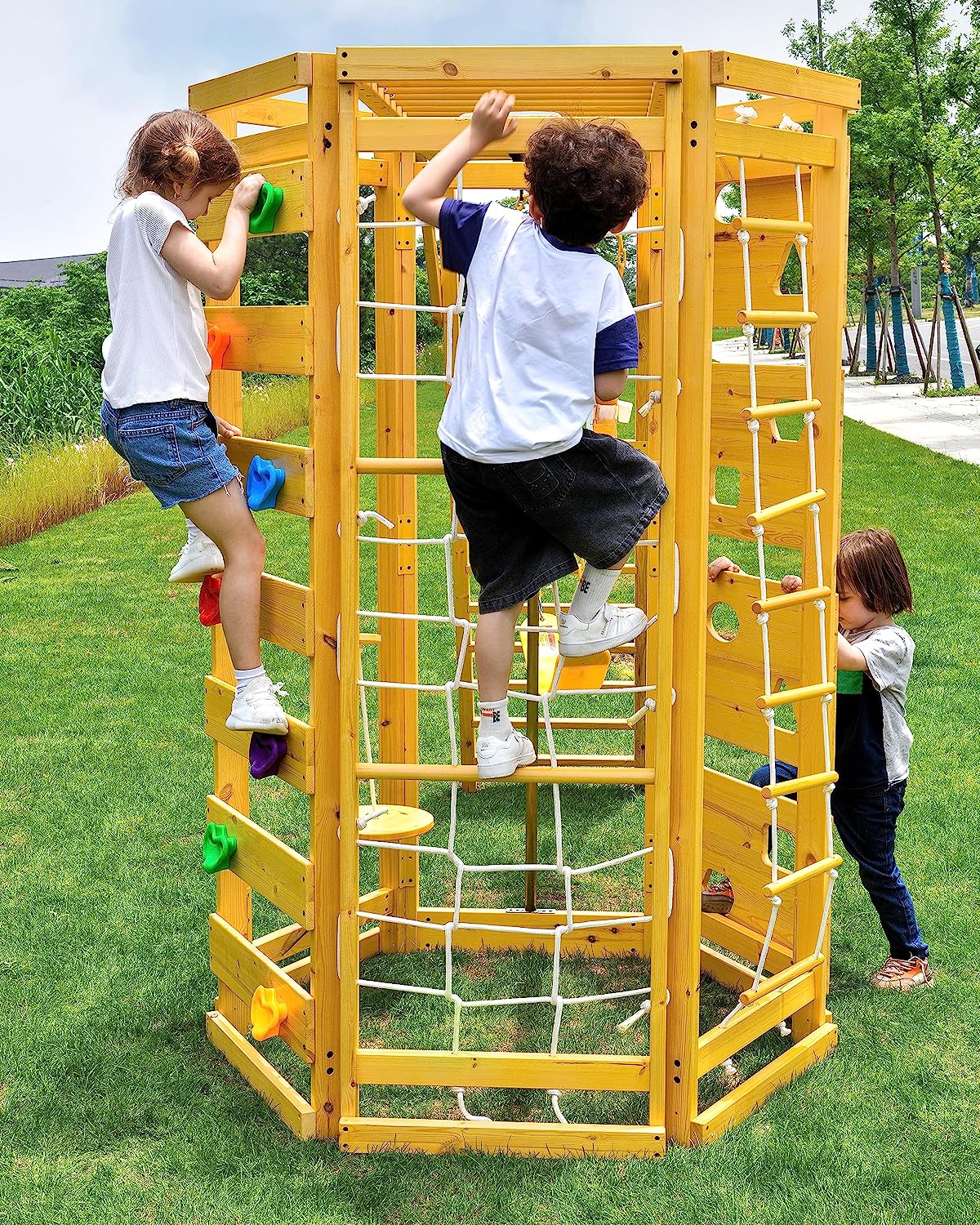 Hawthorn - Outdoor Climber with Monkey Bars, Swing, and Octagon Climber Playset - Chickadees Wooden Toys