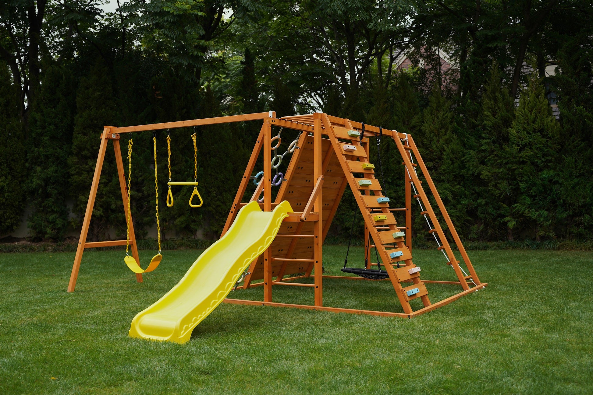 Sycamore - Backyard Ultimate Climbing Set with 2 Swings And Trapeze Bar - Chickadees Wooden Toys