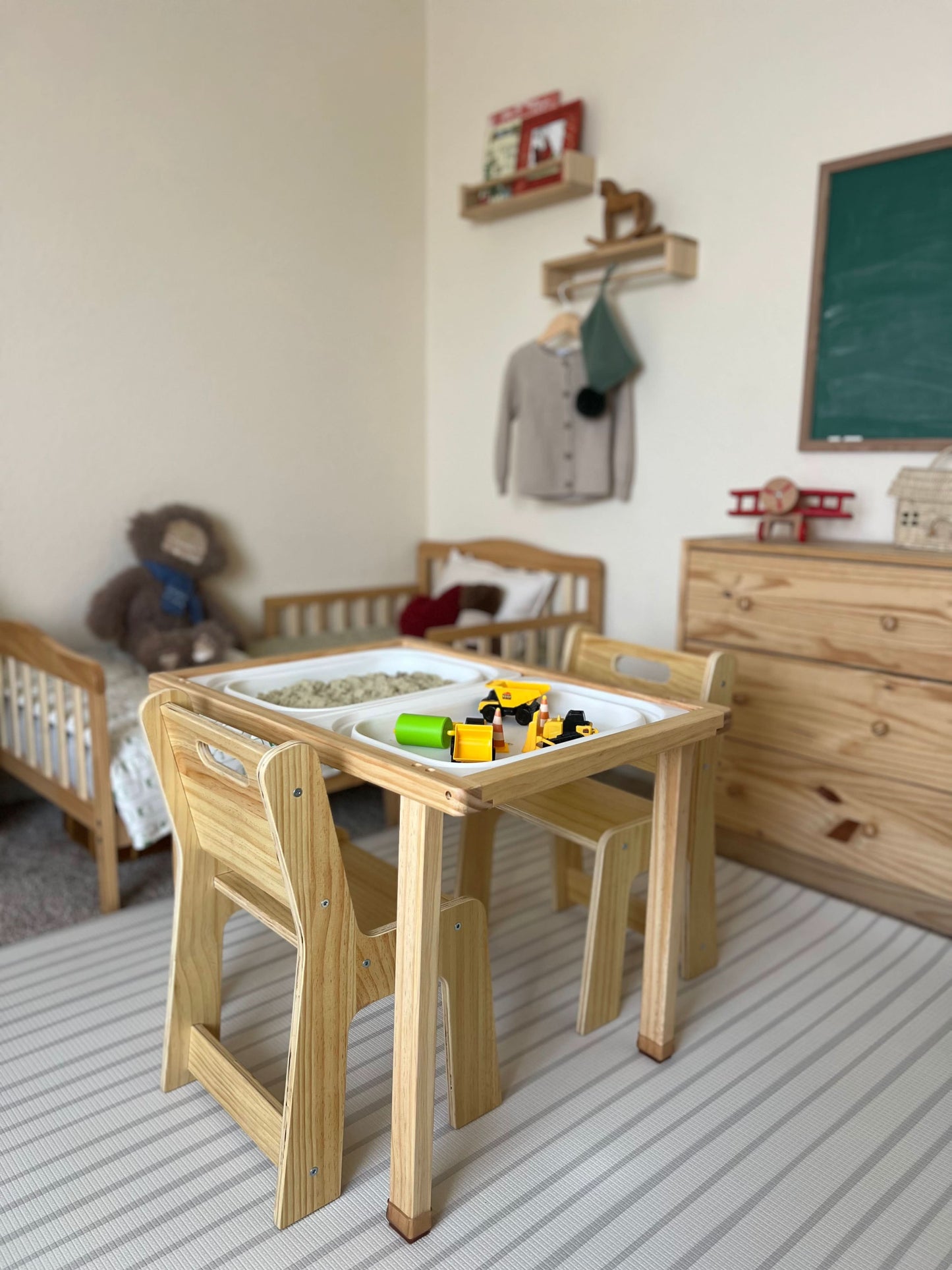 Cordia Kids Activity Table & Chair Set | Wooden Montessori Desk with Flip-Top Chalkboard & Storage