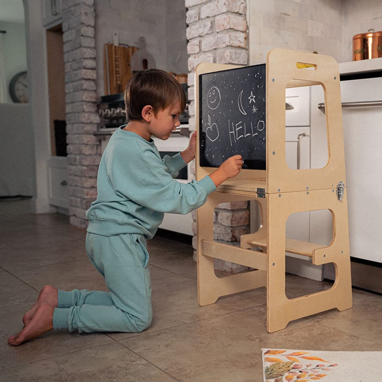 Date | 4-in-1 Kitchen Tower & Desk - Chickadees Wooden Toys